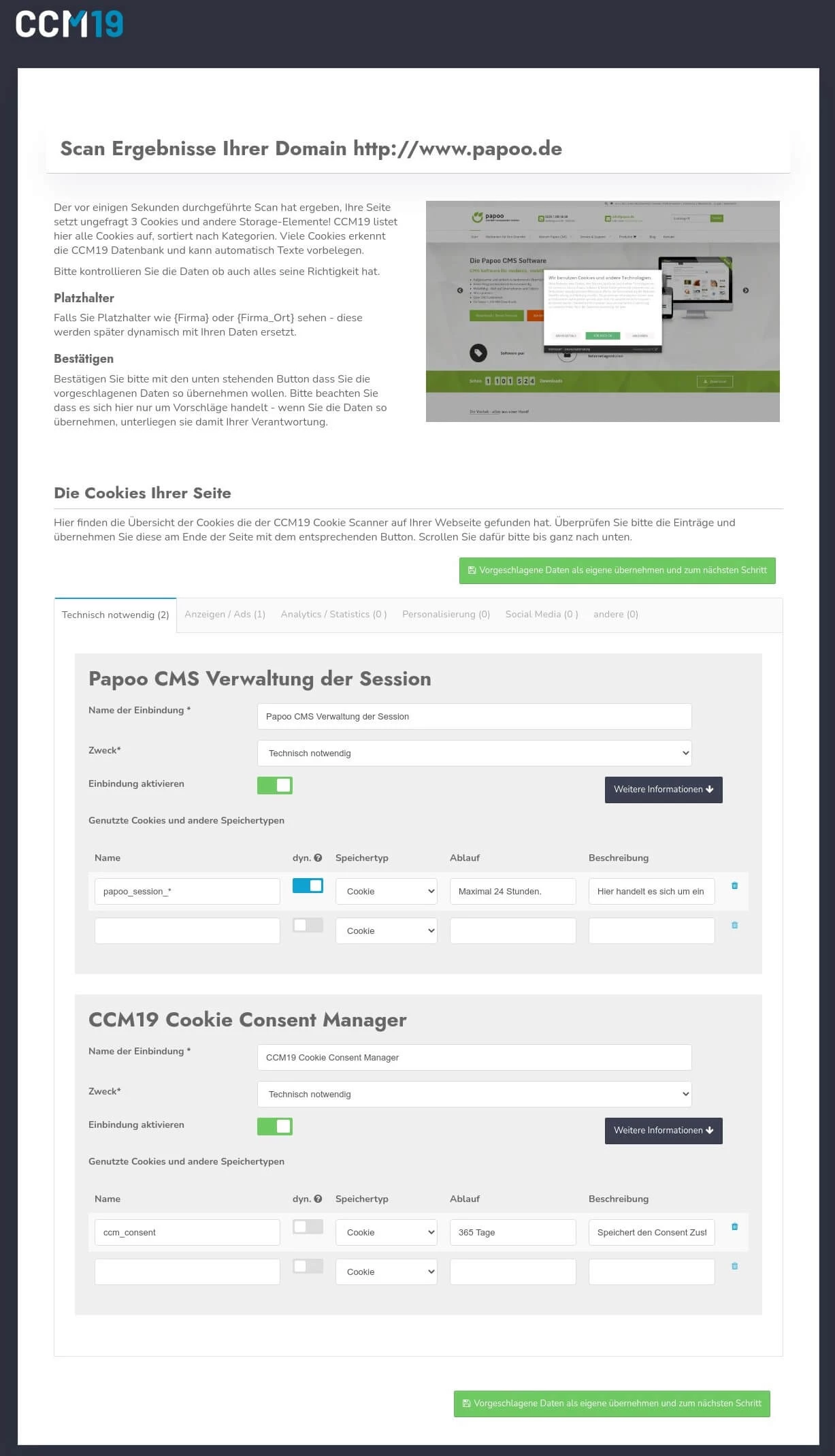 Screenshot der CCM19-Oberfläche mit den Scan-Ergebnissen einer Domain, einer Vorschau der erkannten Website sowie einer detaillierten Auflistung der gefundenen Cookies, inklusive Einstellungen für Papoo CMS Session und den CCM19 Cookie Consent Manager.