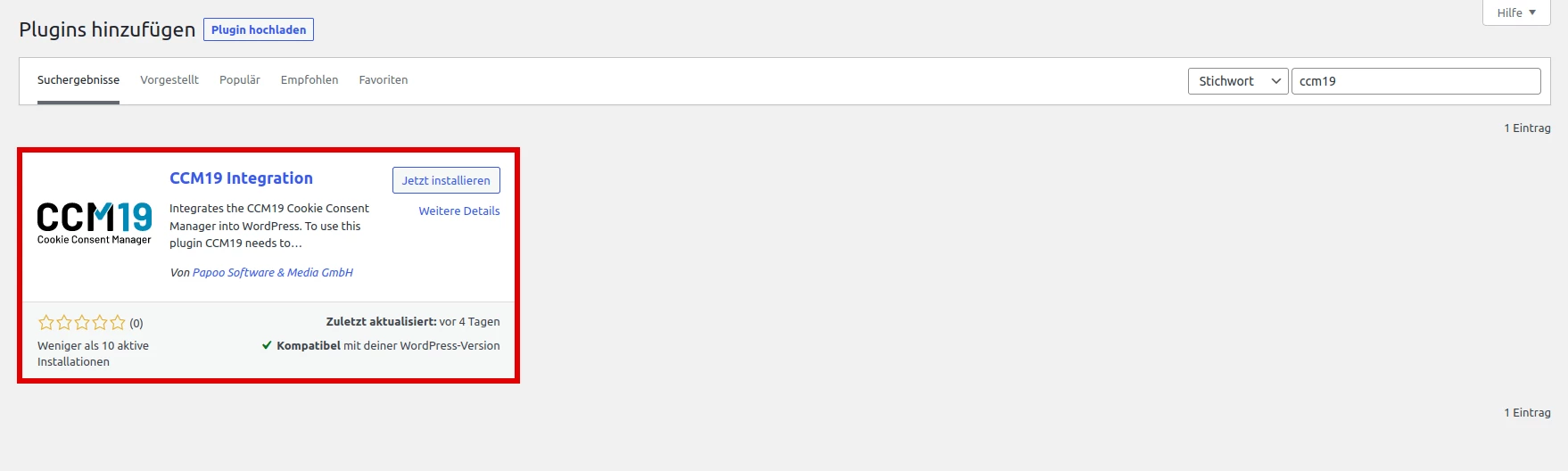 Screenshot des WordPress-Plugin-Verzeichnisses mit der Suchergebnisanzeige für das Plugin CCM19 Integration, inklusive Plugin-Beschreibung, Installationsbutton, Bewertung, Update-Hinweis und Kompatibilitätsangabe.