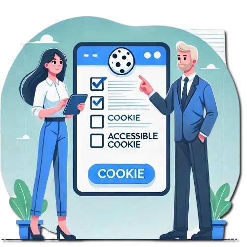 Eine Illustration, die eine Frau mit einem Tablet und einen Mann zeigt, der auf einen Bildschirm mit dem Text ‘ACCESSIBLE COOKIE‘ deutet. Der Stil ist modern und schlicht, mit Fokus auf digitale Zusammenarbeit und professionellem Erscheinungsbild.