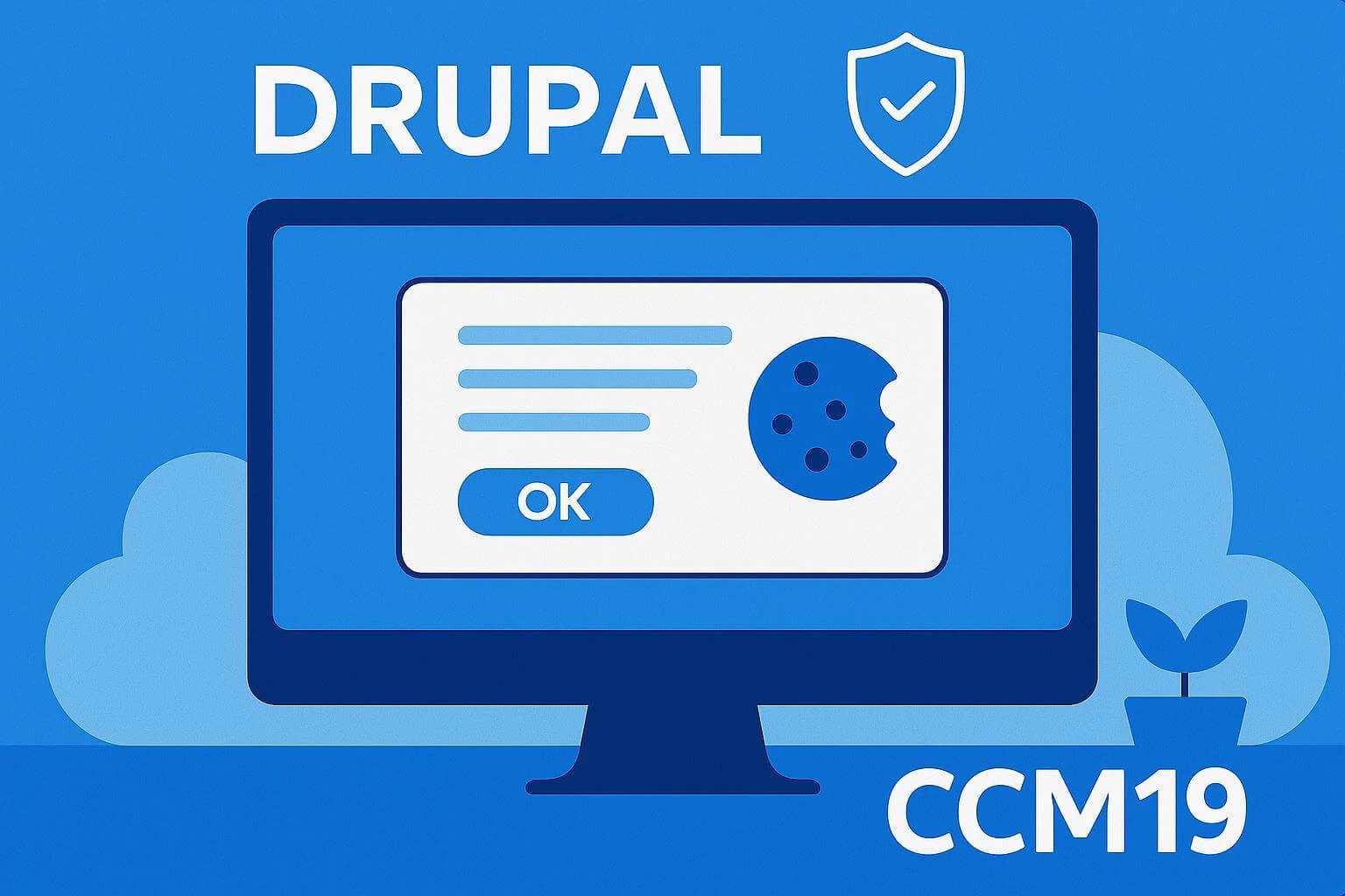 Flat-Design-Illustration zur Integration des CCM19 Cookie-Banners in Drupal mit Cookie-Hinweis, OK-Button, Schildsymbol und Bildschirm auf blauem Hintergrund