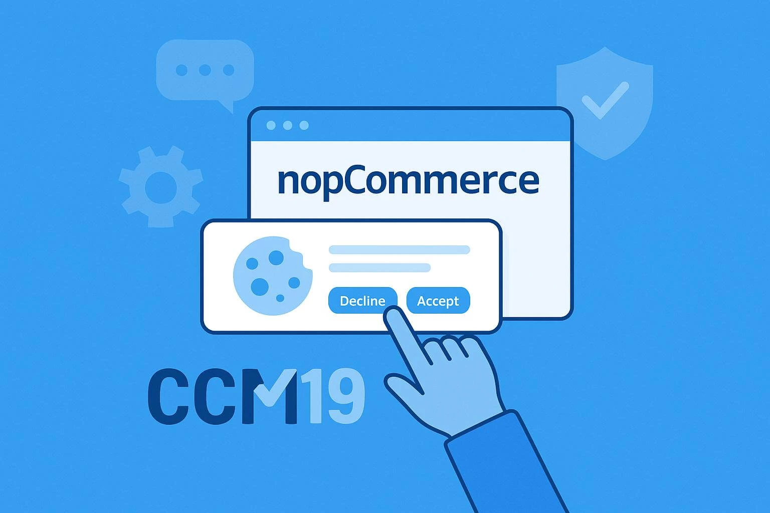 ccm19-cookie-banner-integration-nopcommerce Illustration im Flat-Design zur Integration des CCM19 Cookie-Banners in nopCommerce mit DSGVO-konformem Cookie Banner
