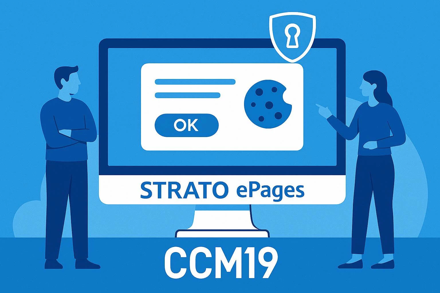 Flat-Design-Illustration zur Integration des CCM19 Cookie-Banners in Strato ePages mit einem Mann mit verschränkten Armen und einer Frau, die auf den Bildschirm zeigt. Im Hintergrund ist ein Pc-Bildschirm der ein Cookie Banner zeigt.