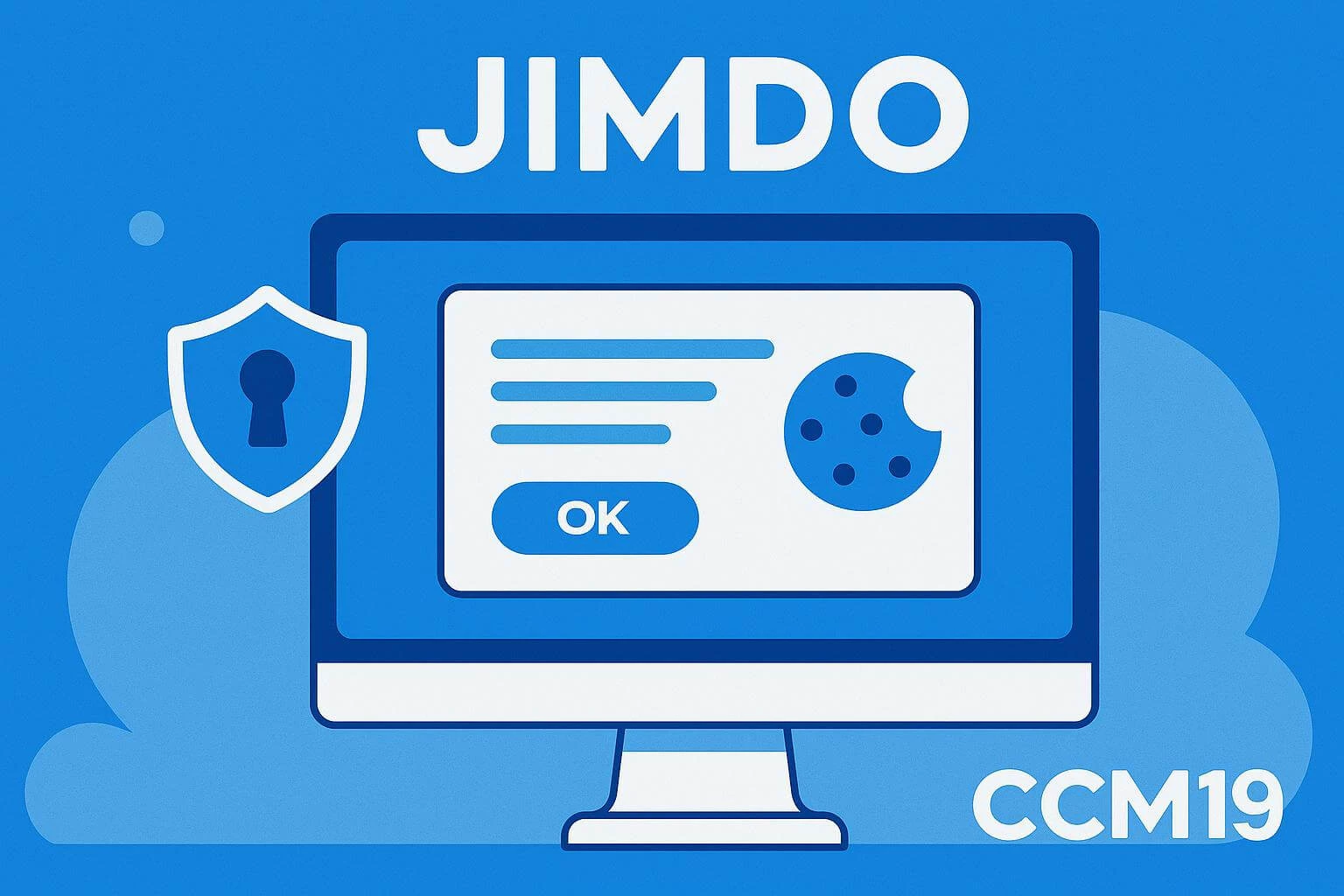 lat-Design-Illustration zur Integration des CCM19 Cookie-Banners in Jimdo mit Bildschirm, Cookie-Hinweis, CCM19-Schriftzug und stilisiertem Jimdo-Titel.