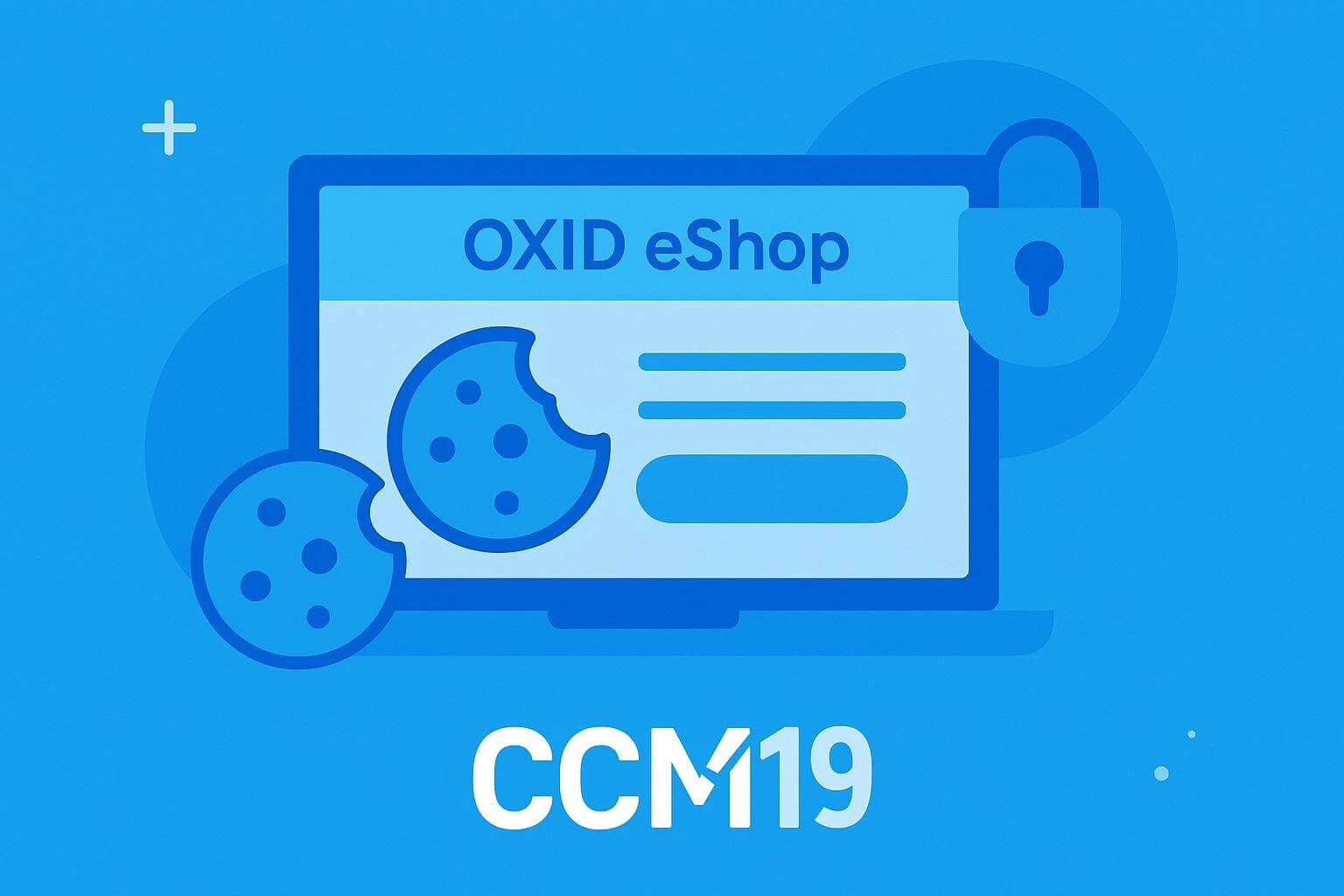 ccm19-cookie-banner-integration-oxid-eshop Flat-Design-Illustration zur Integration des CCM19 Cookie-Banners in OXID eShop mit DSGVO-konformer Einbindung