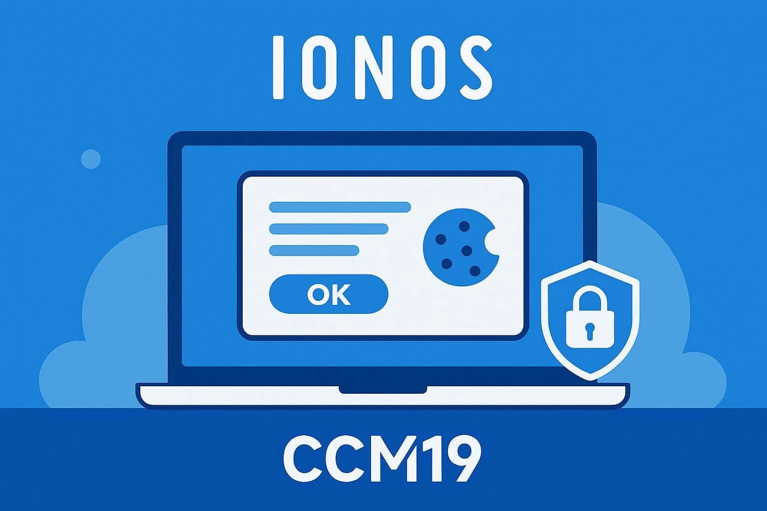 Flat-Design-Illustration zur Integration des CCM19 Cookie-Banners in IONOS mit korrekt eingebundenem CCM19-Logo, Cookie-Banner auf Laptop und Datenschutzsymbol