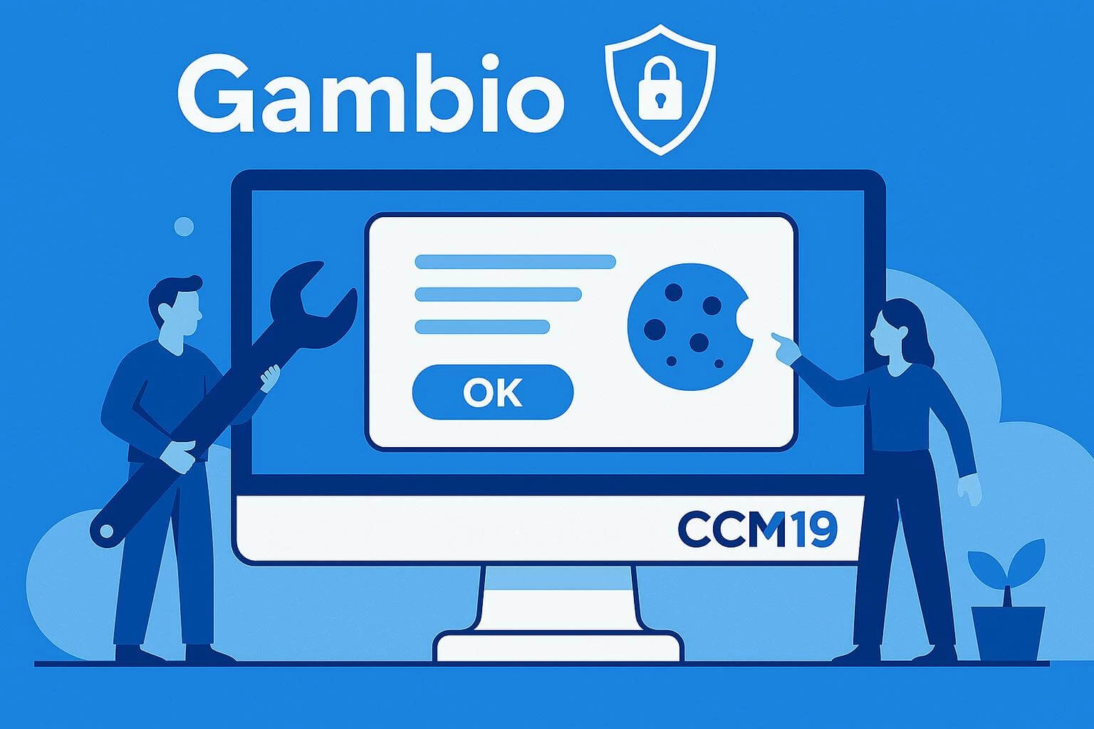Flat-Design-Illustration zur Integration des CCM19 Cookie-Banners in Gambio mit Cookie-Banner, Laptop, Datenschutzsymbol und zwei Personen in Interaktion