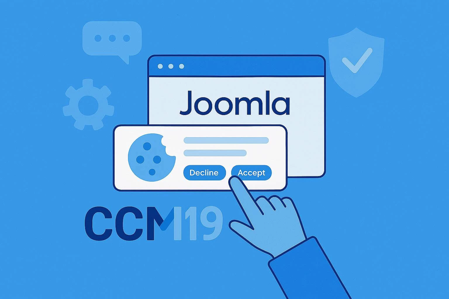 Flat-Design-Illustration zur Integration des CCM19 Cookie-Banners in Joomla mit, Eine Hand, die den Accept-Button klicktund CCM19-Branding